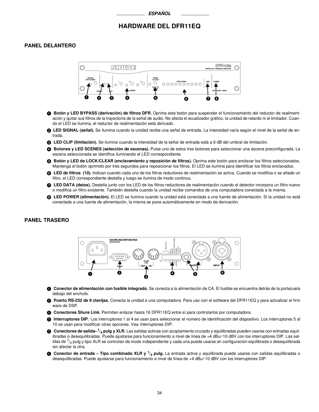 Shure manual Hardware DEL DFR11EQ, Panel Delantero, Panel Trasero 