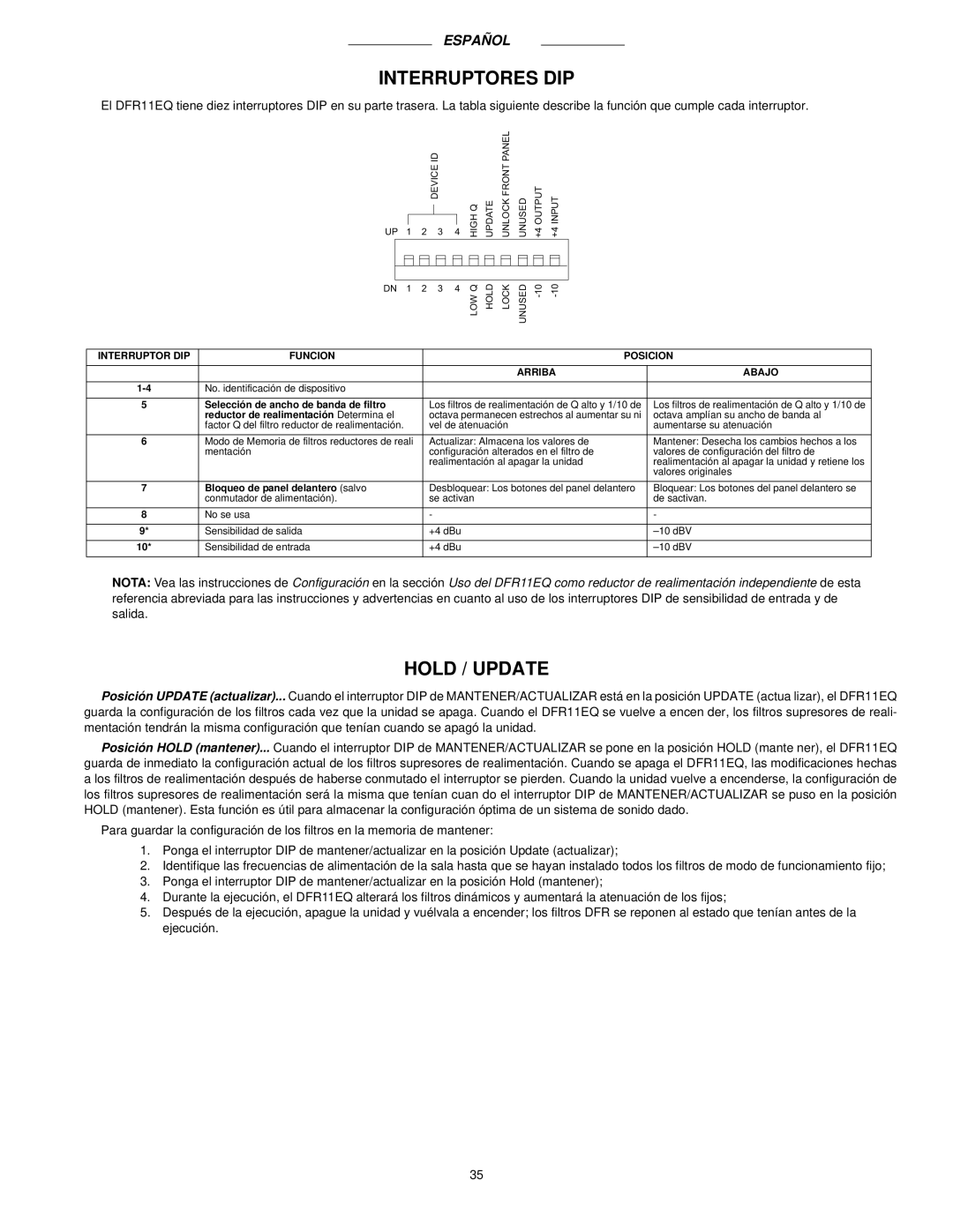 Shure DFR11EQ manual Interruptores DIP, Hold / Update 