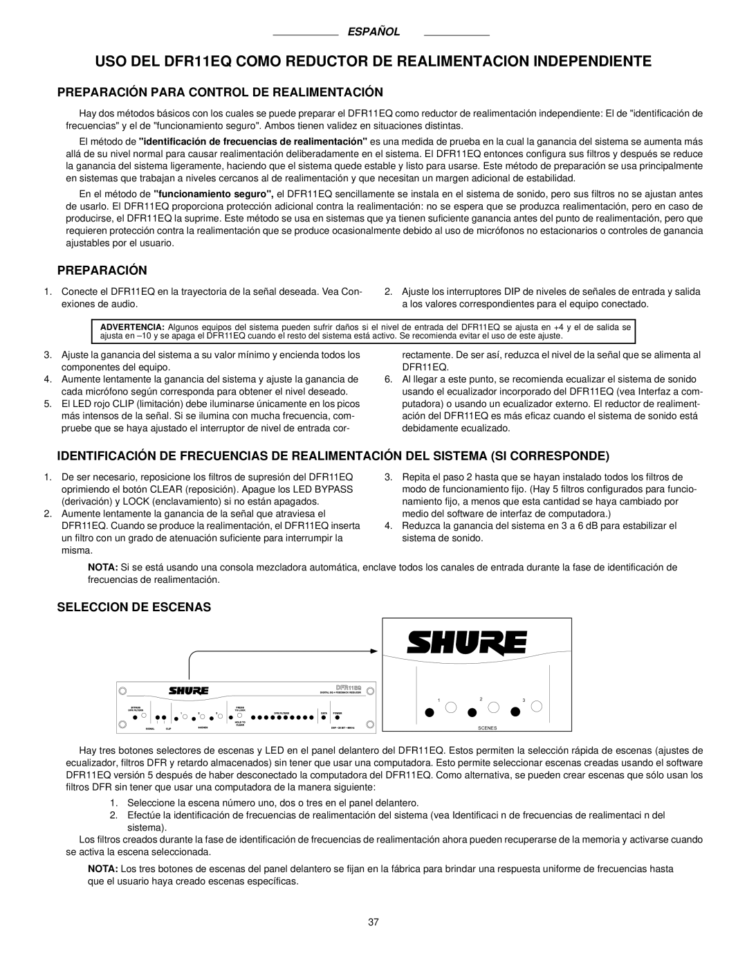 Shure DFR11EQ manual Preparación Para Control DE Realimentación, Seleccion DE Escenas 