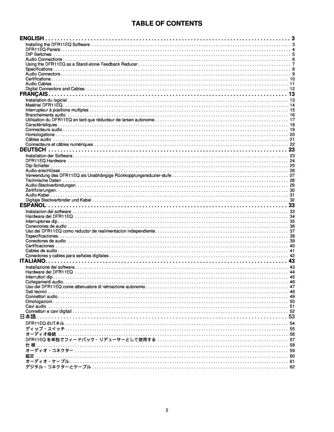 Shure DFR11EQ manual Table Of Contents 