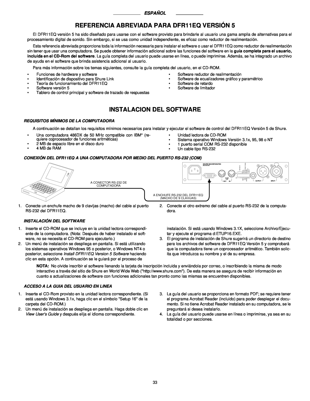 Shure manual REFERENCIA ABREVIADA PARA DFR11EQ VERSIÓN, Instalacion Del Software, Español 