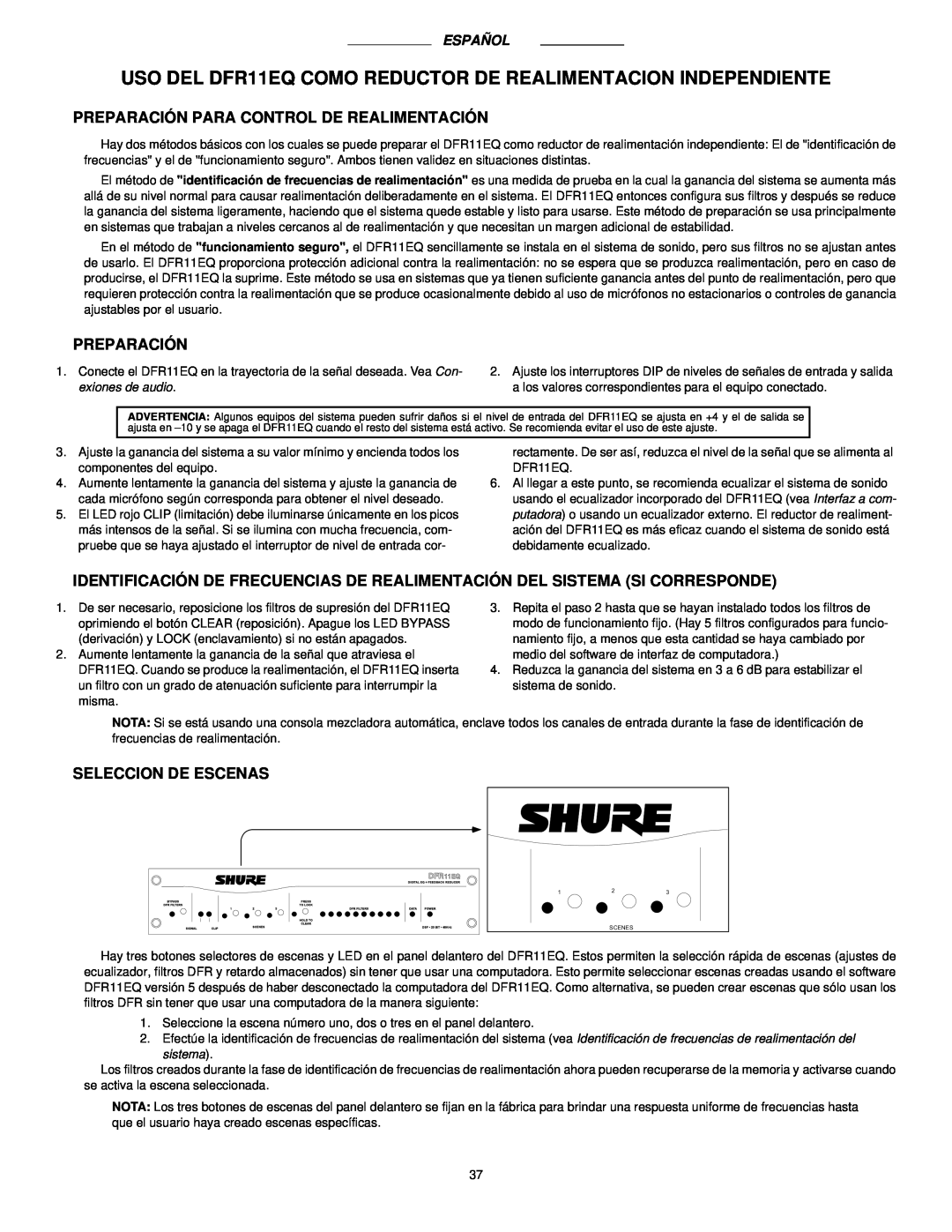Shure DFR11EQ manual Preparación Para Control De Realimentación, Seleccion De Escenas 
