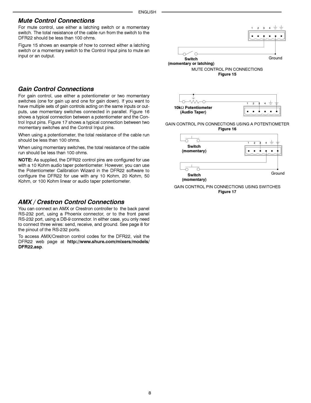 Shure DFR22 manual Mute Control Connections, Gain Control Connections, AMX / Crestron Control Connections 