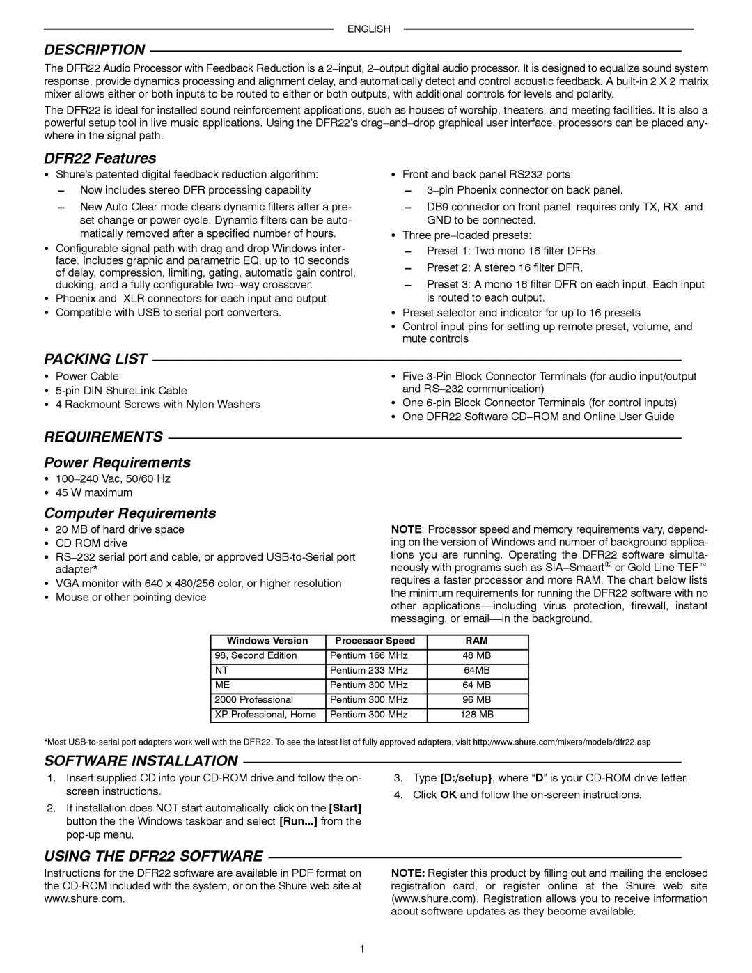 Shure manual Description, Packing List, Requirements, Software Installation, Using the DFR22 Software 