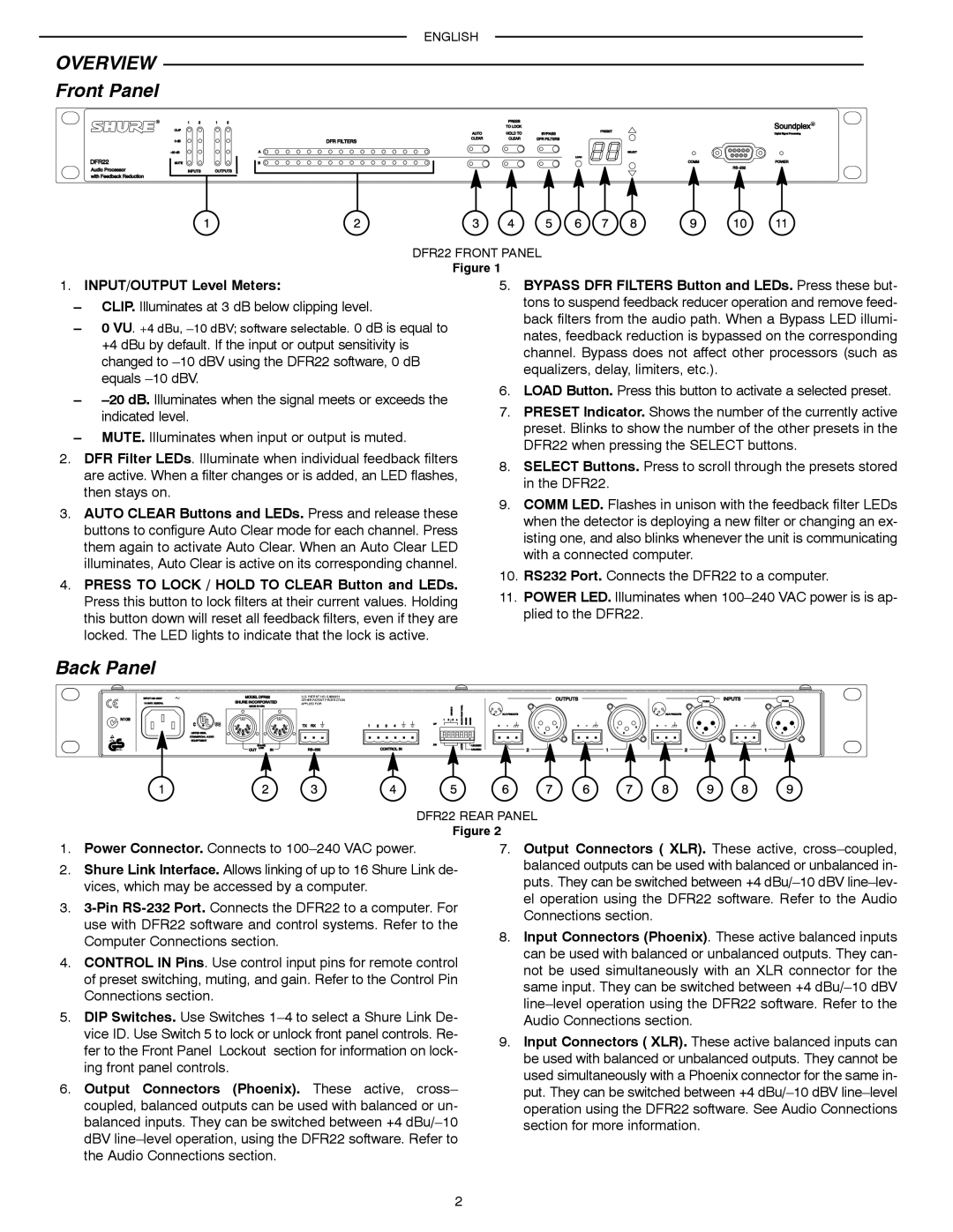 Shure DFR22 manual Overview, Front Panel, Back Panel 