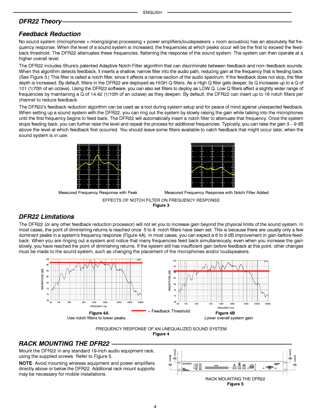 Shure manual DFR22 Theory Feedback Reduction, DFR22 Limitations, Rack Mounting the DFR22 