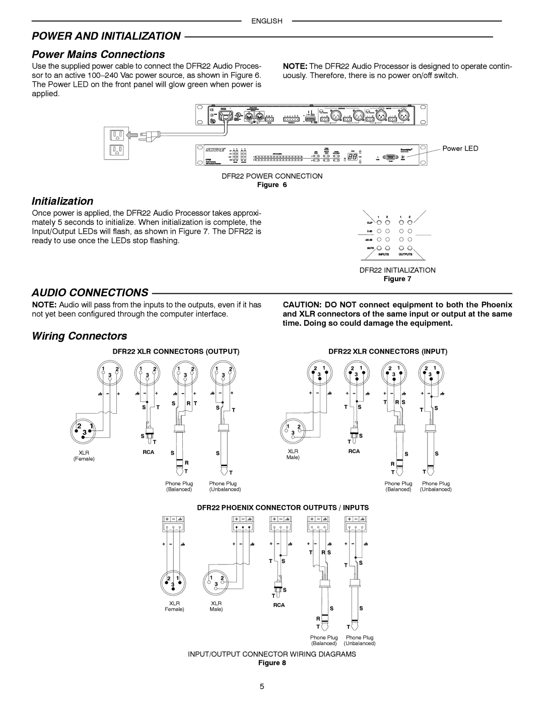 Shure DFR22 manual Power and Initialization, Power Mains Connections, Audio Connections, Wiring Connectors 