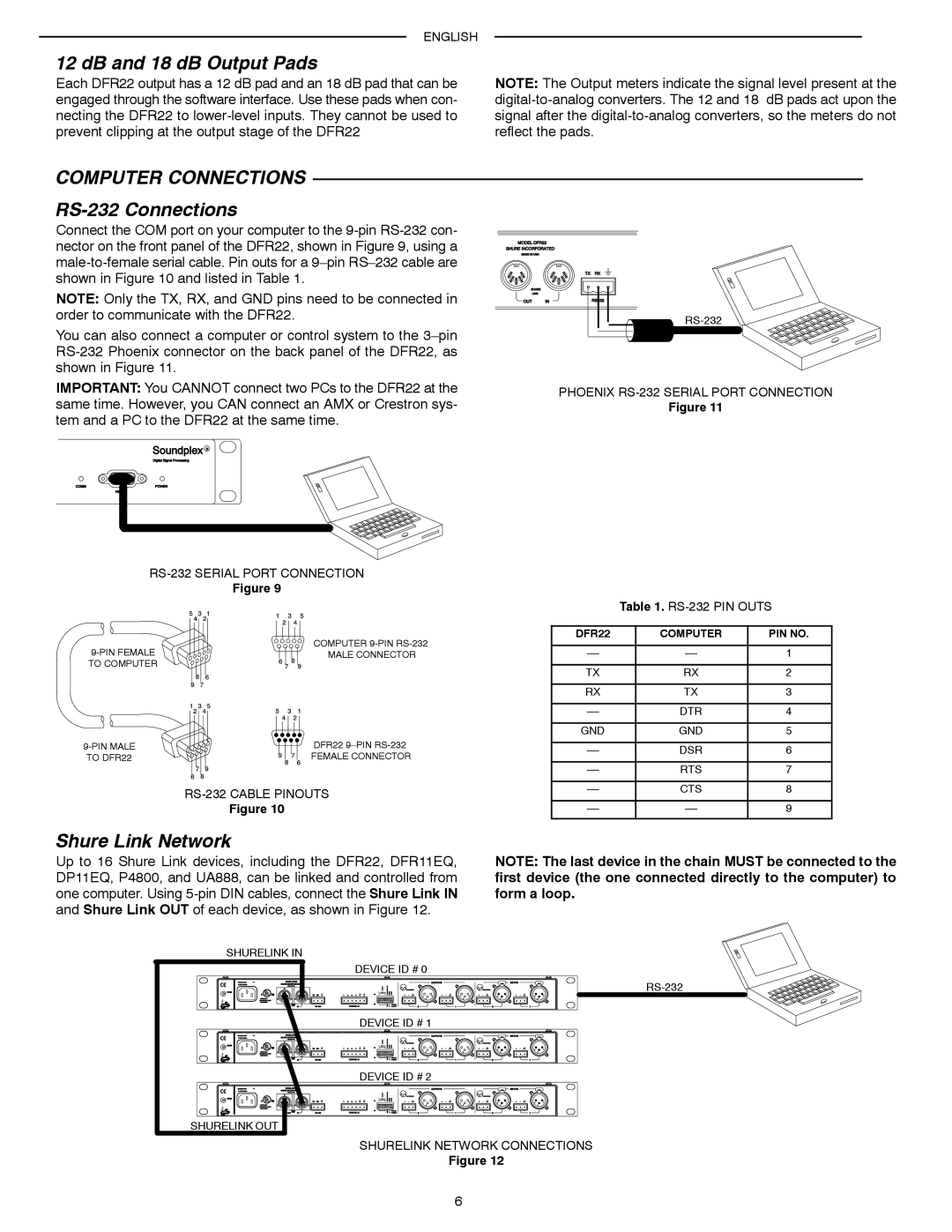 Shure DFR22 manual DB and 18 dB Output Pads, Computer Connections, RS-232 Connections, Shure Link Network 