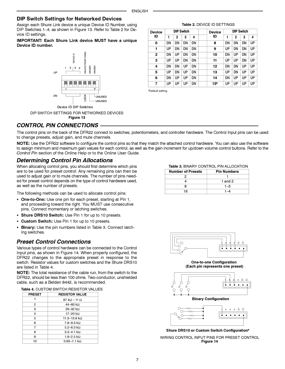 Shure DFR22 manual Control PIN Connections, Determining Control Pin Allocations, Preset Control Connections 