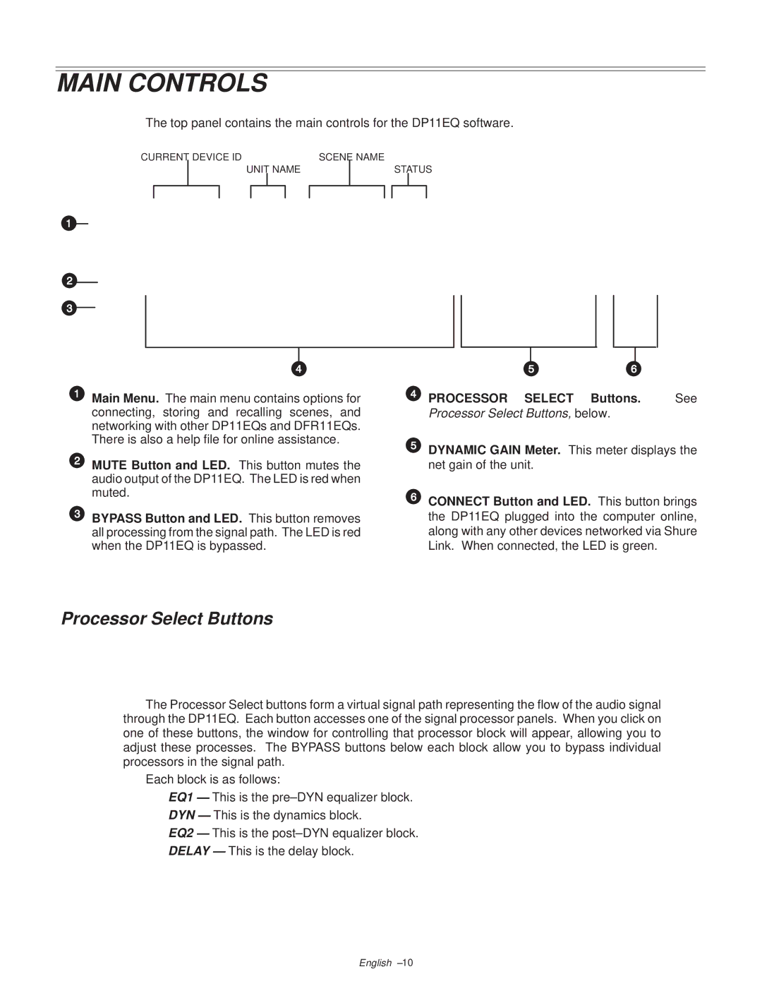 Shure DP11EQ manual Main Controls, Processor Select Buttons 