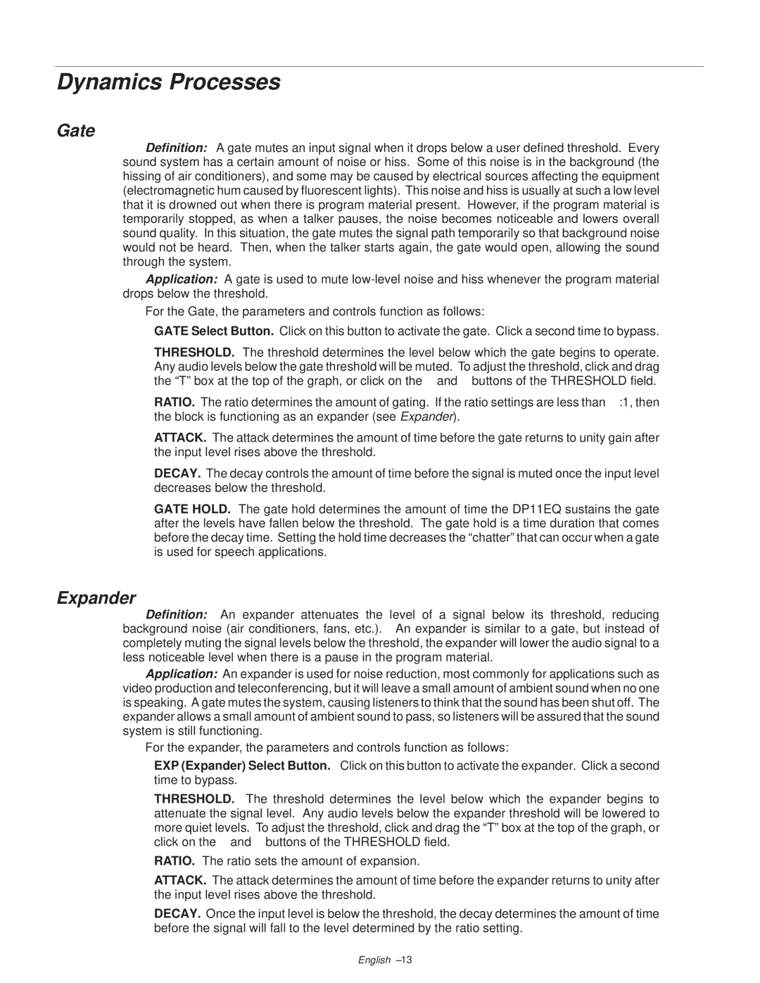 Shure DP11EQ manual Dynamics Processes, Gate, Expander 