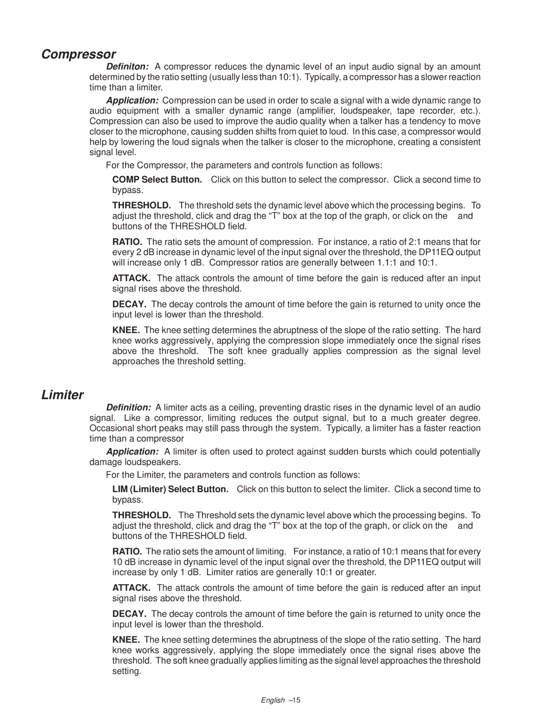 Shure DP11EQ manual Compressor, Limiter 