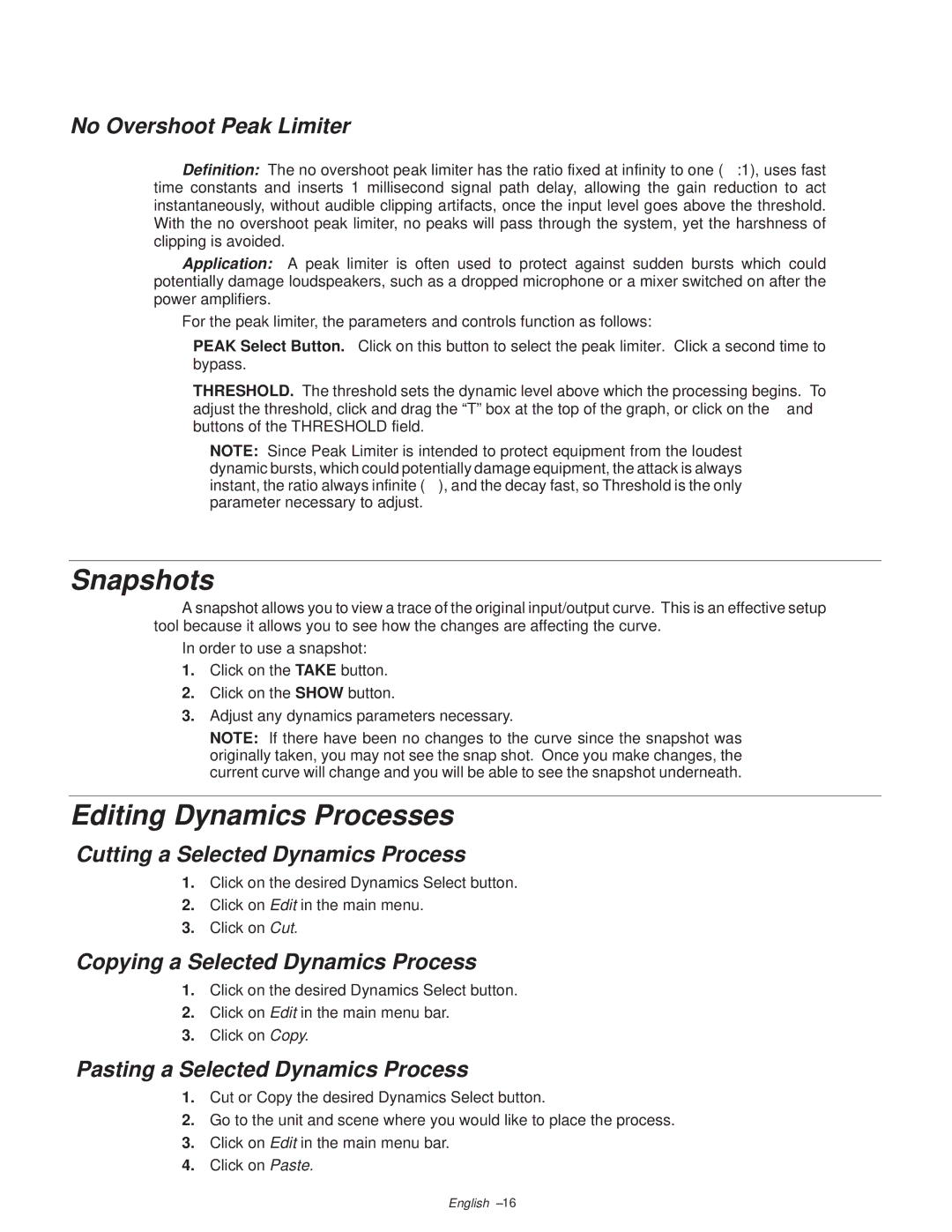 Shure DP11EQ manual Snapshots, Editing Dynamics Processes 