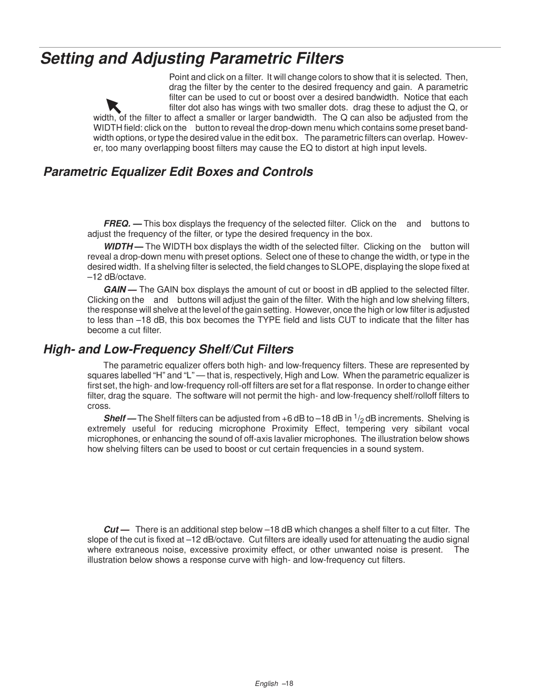 Shure DP11EQ manual Setting and Adjusting Parametric Filters, Parametric Equalizer Edit Boxes and Controls 