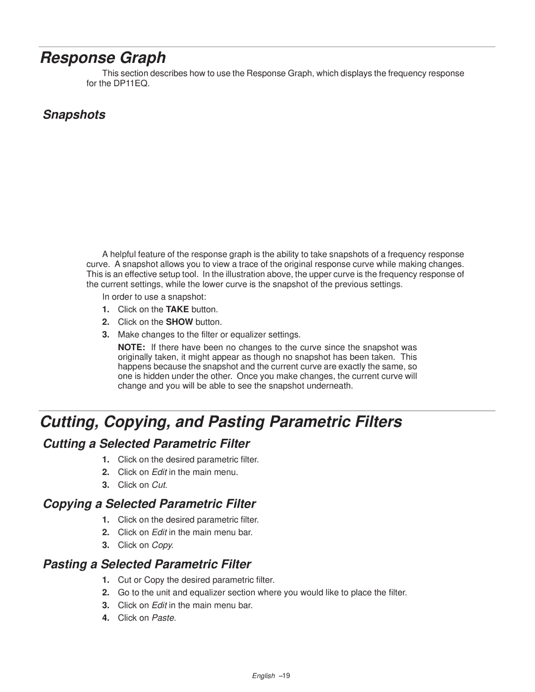 Shure DP11EQ manual Response Graph, Cutting, Copying, and Pasting Parametric Filters 