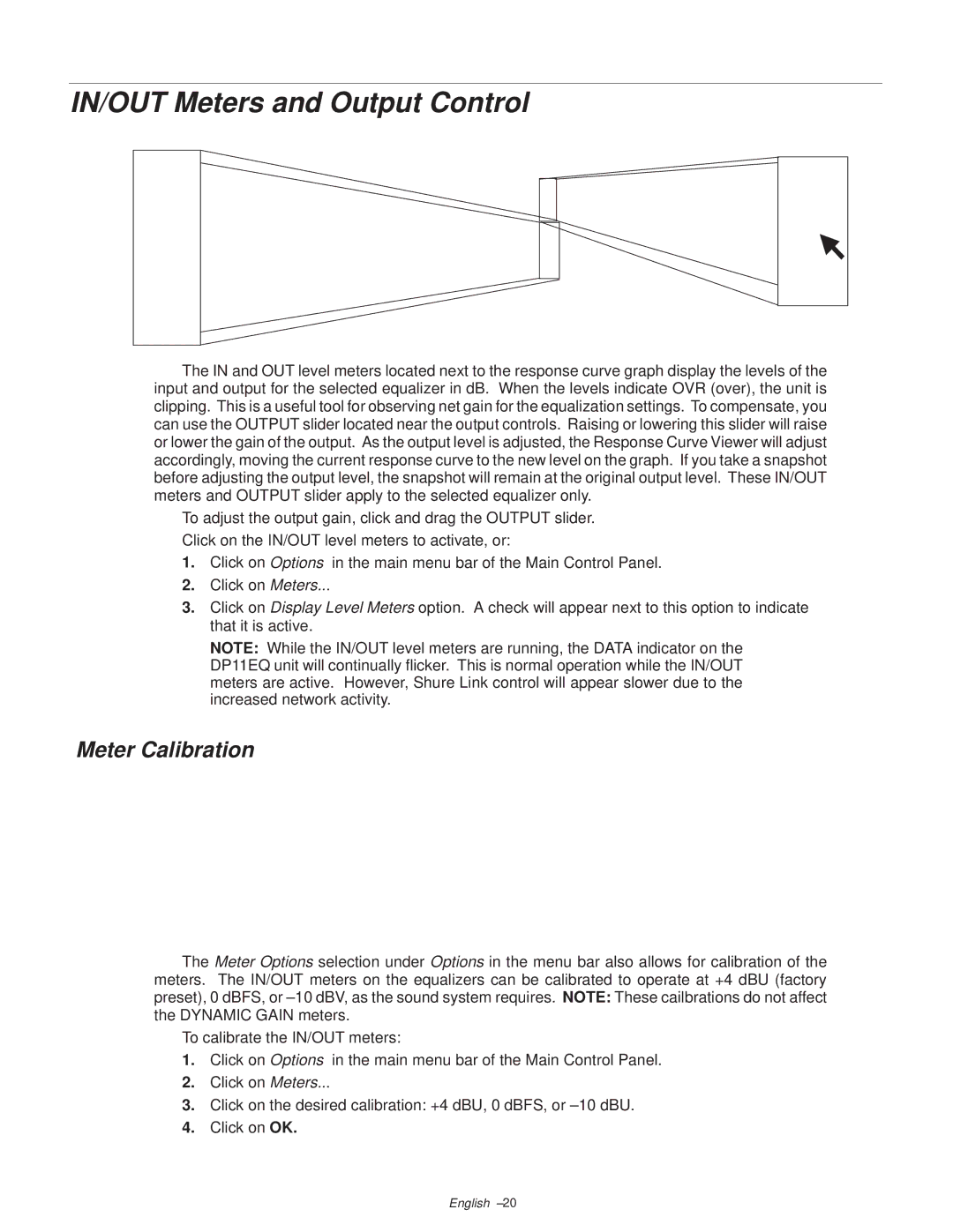 Shure DP11EQ manual IN/OUT Meters and Output Control, Meter Calibration 