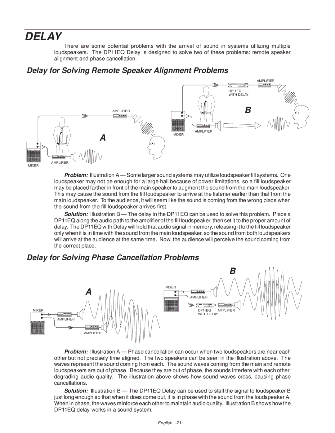 Shure DP11EQ manual Delay for Solving Remote Speaker Alignment, Delay for Solving Phase Cancellation Problems 