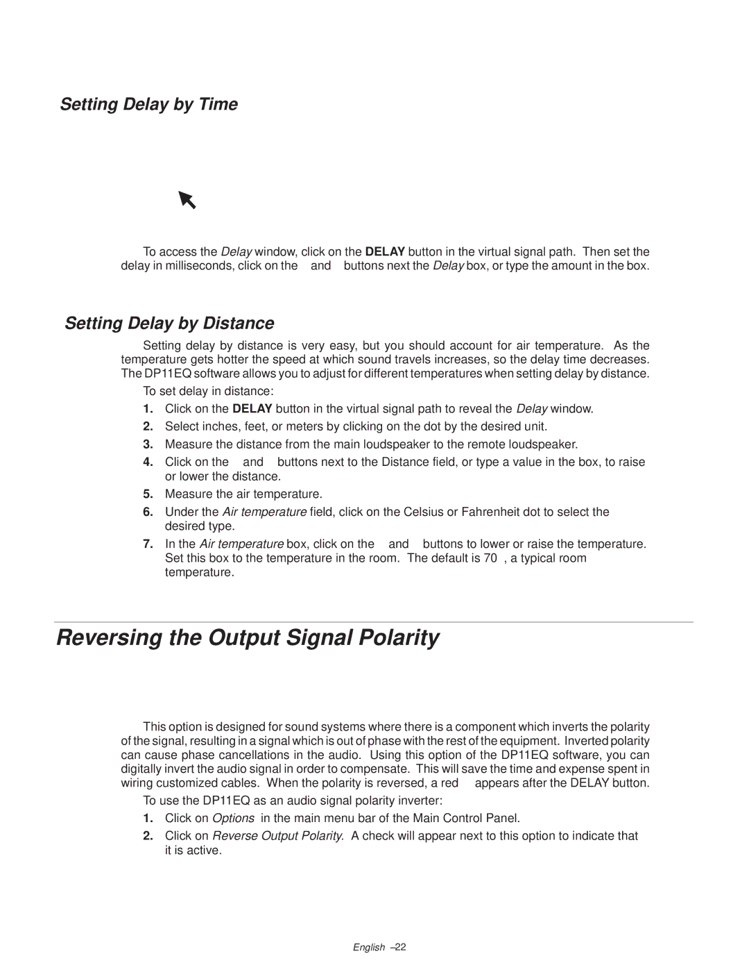 Shure DP11EQ manual Reversing the Output Signal Polarity, Setting Delay by Time, Setting Delay by Distance 