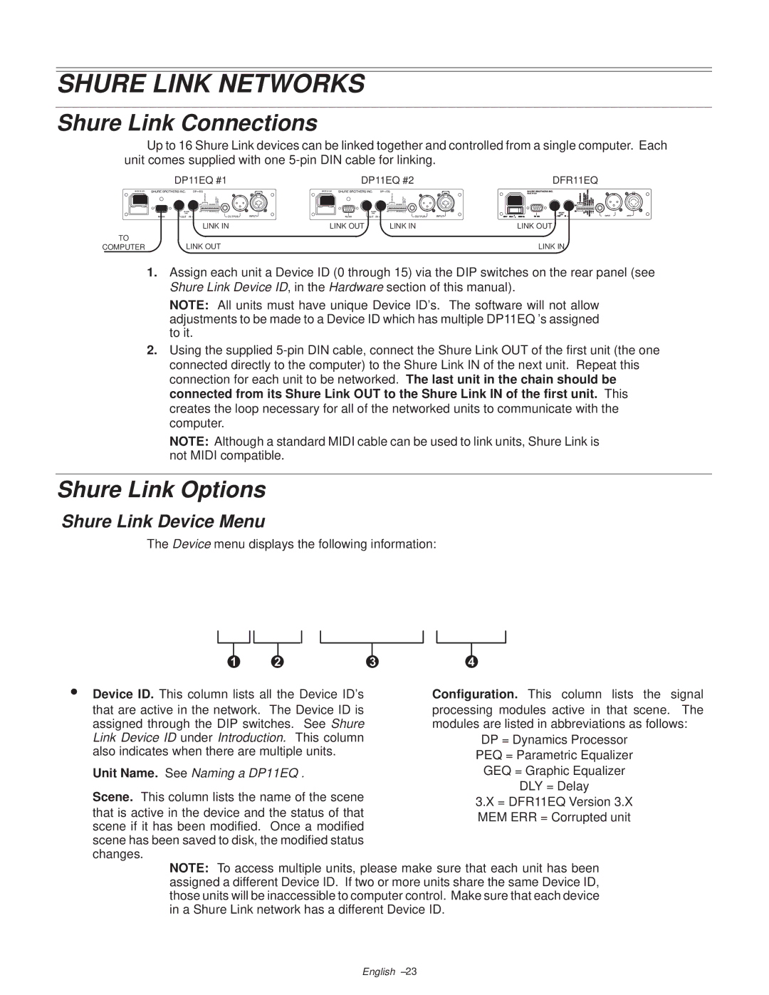 Shure DP11EQ manual Shure Link Networks, Shure Link Connections, Shure Link Options, Shure Link Device Menu 