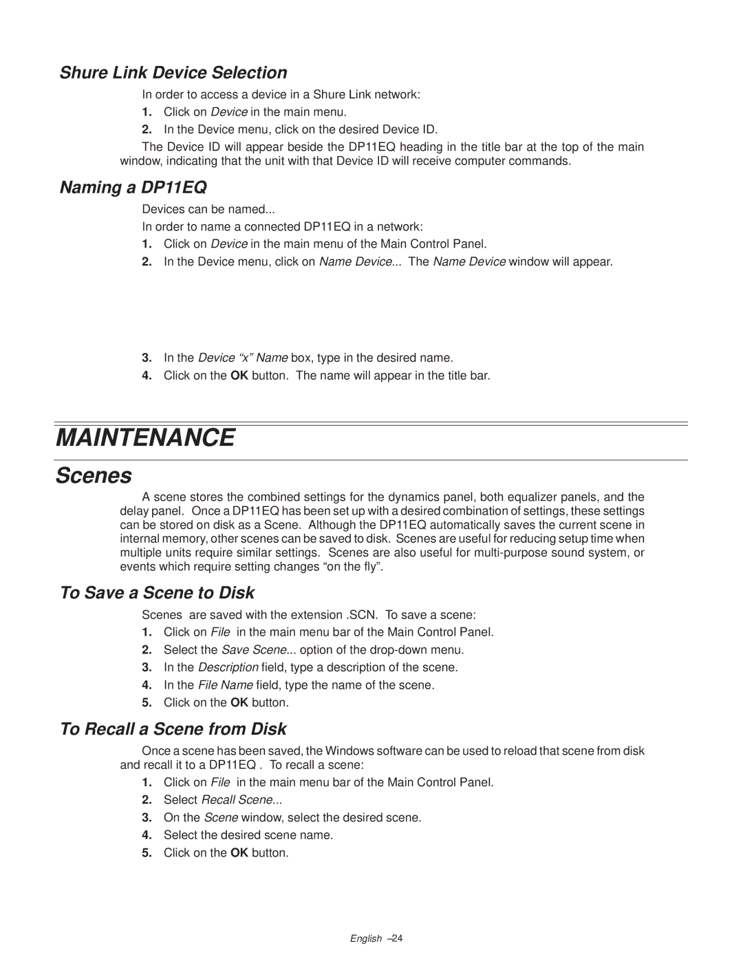 Shure DP11EQ manual Maintenance, Scenes 