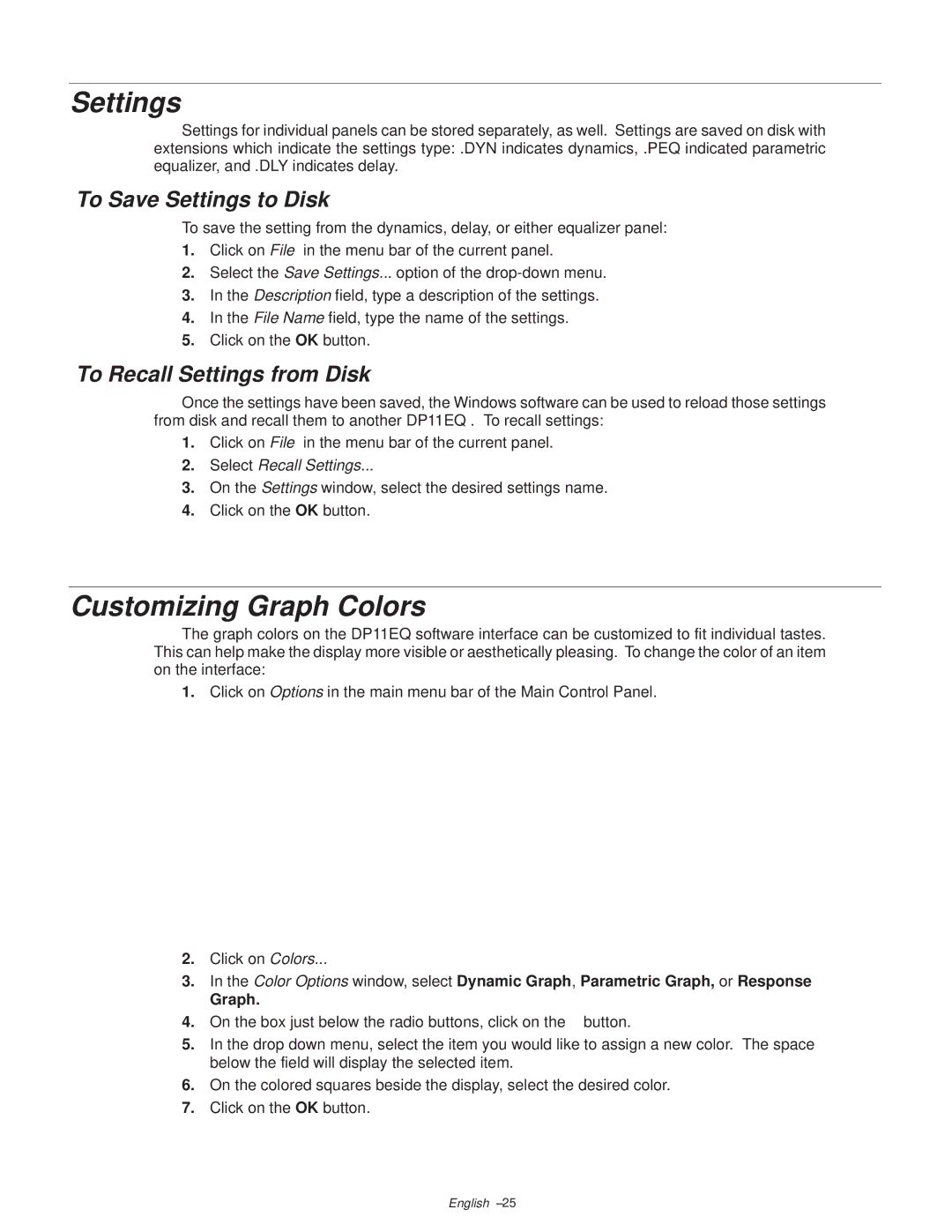 Shure DP11EQ manual Customizing Graph Colors, To Save Settings to Disk, To Recall Settings from Disk 