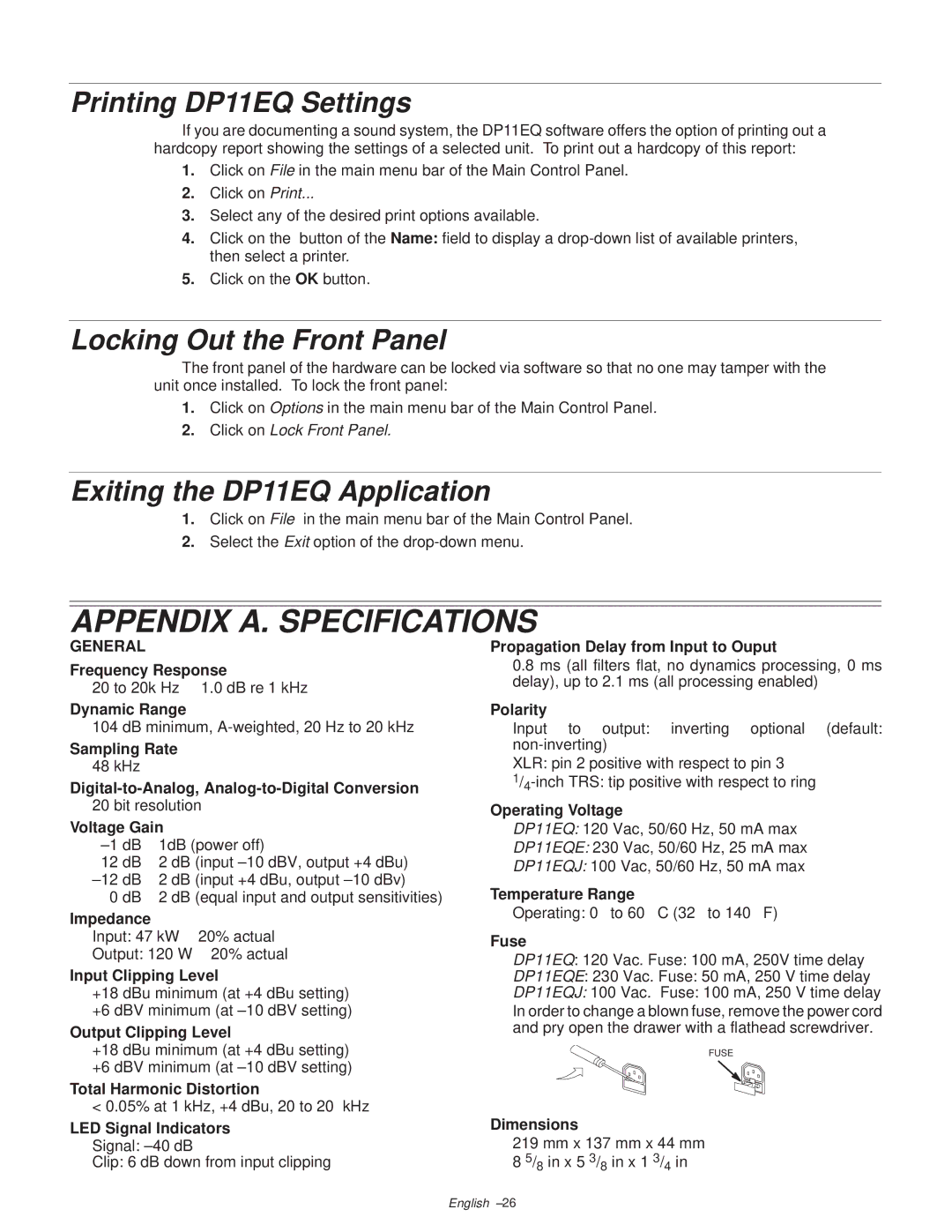 Shure Appendix A. Specifications, Printing DP11EQ Settings, Locking Out the Front Panel, Exiting the DP11EQ Application 