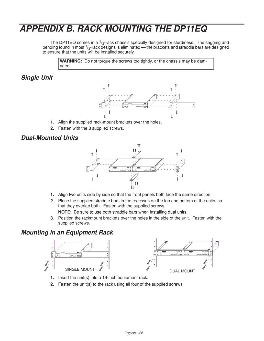 Shure manual Appendix B. Rack Mounting the DP11EQ, Single Unit, Dual-Mounted Units, Mounting in an Equipment Rack 