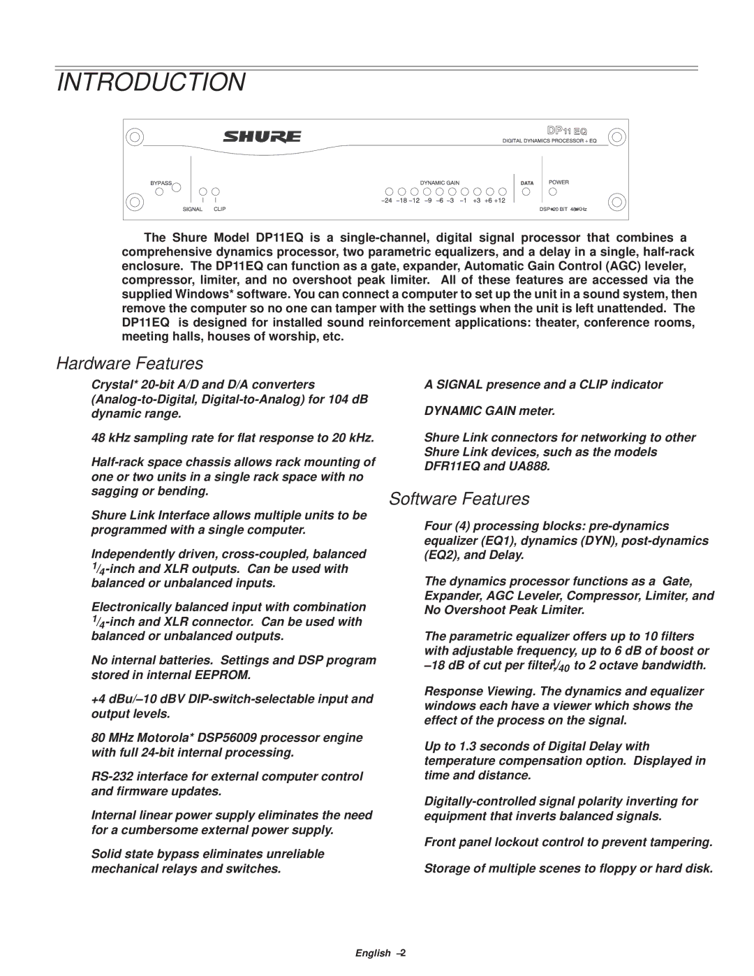 Shure DP11EQ manual Introduction, Hardware Features, Software Features 