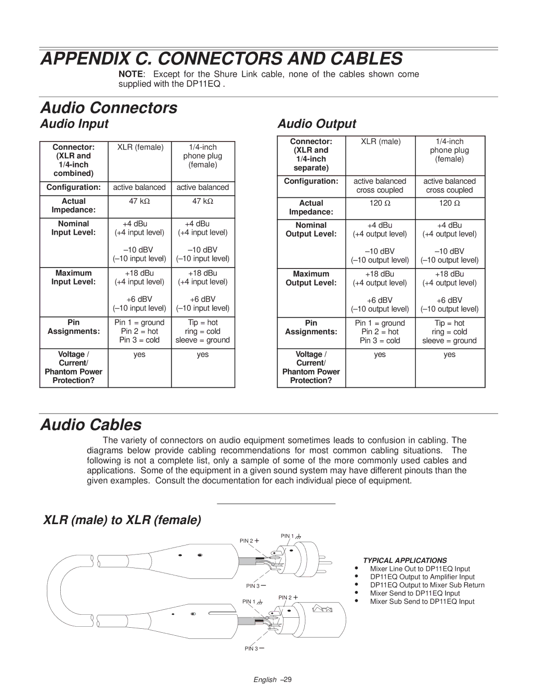 Shure DP11EQ manual Appendix C. Connectors and Cables, Audio Connectors, Audio Cables 