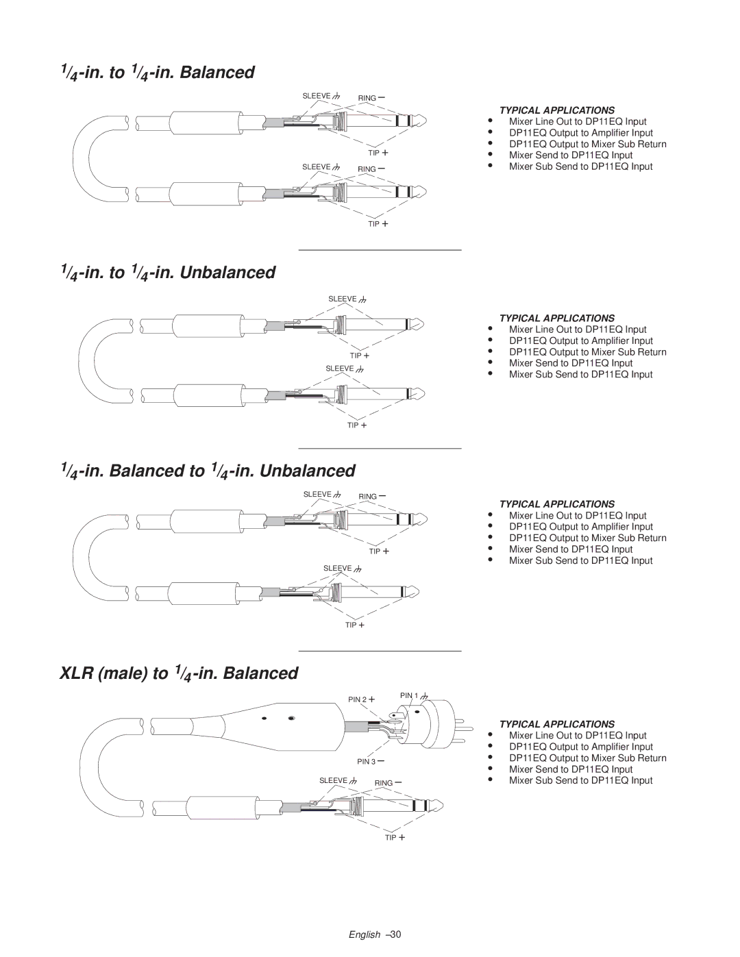 Shure DP11EQ manual In. to 1/4 -in. Balanced, In. to 1/4 -in. Unbalanced, In. Balanced to 1/4 -in. Unbalanced 