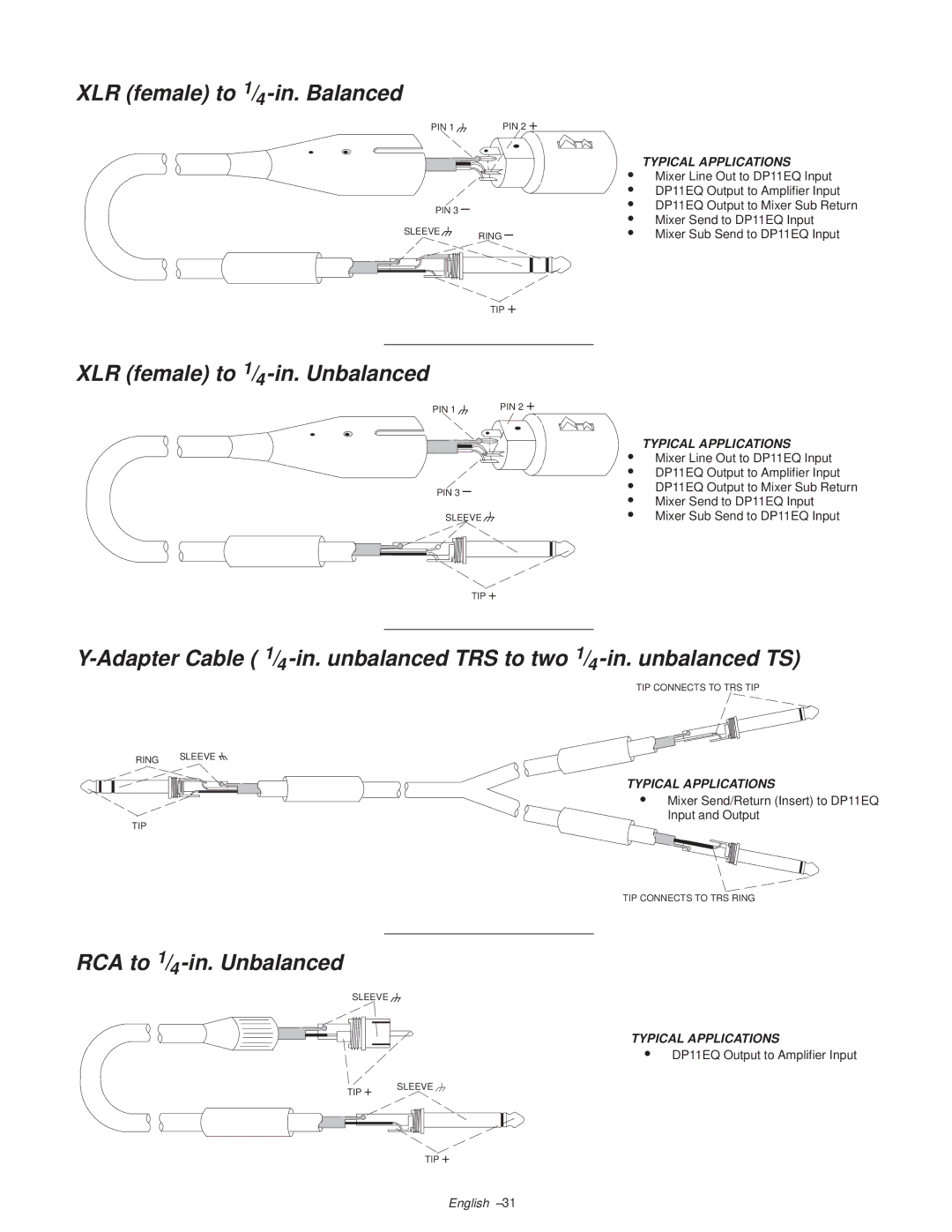 Shure DP11EQ manual XLR female to 1/4 -in. Balanced, XLR female to 1/4 -in. Unbalanced, RCA to 1/4 -in. Unbalanced 