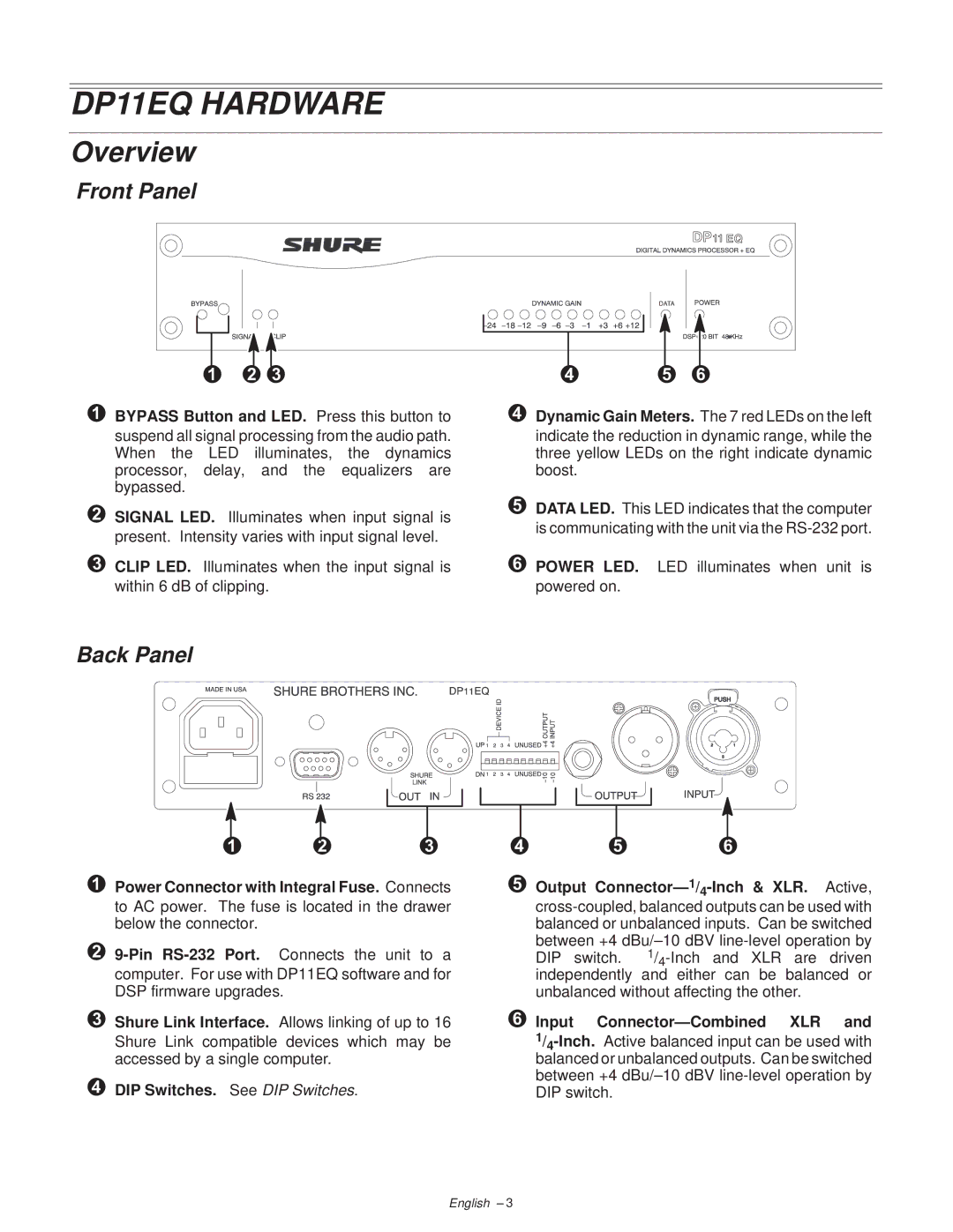 Shure manual DP11EQ Hardware, Overview, Front Panel, Back 