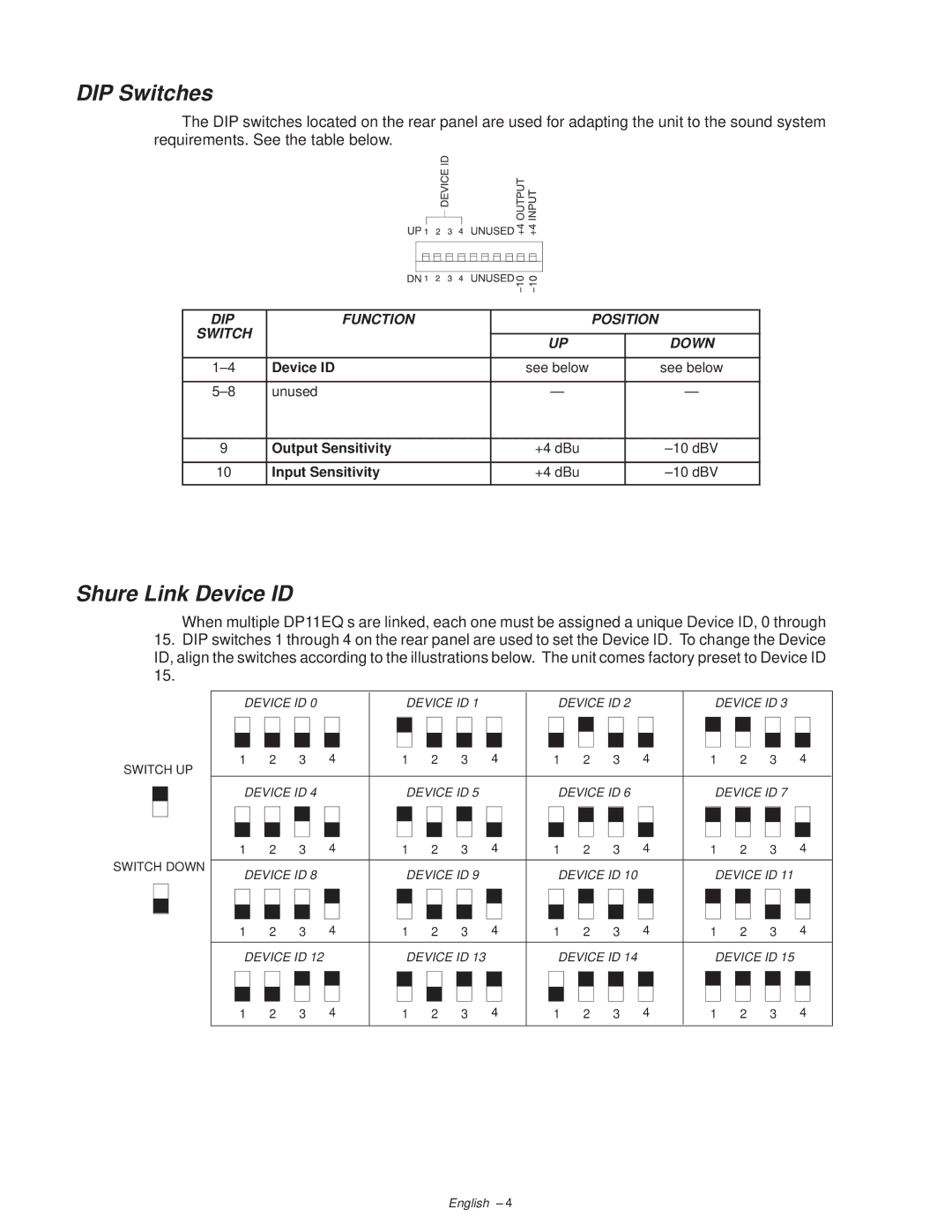 Shure DP11EQ manual DIP Switches, Shure Link Device ID 