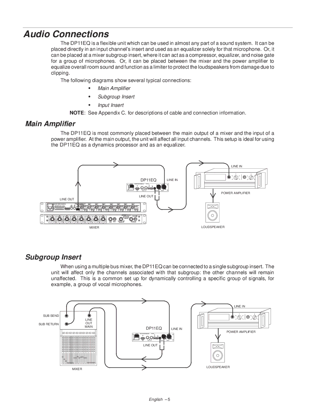 Shure DP11EQ manual Audio Connections, Main Amplifier, Subgroup Insert 