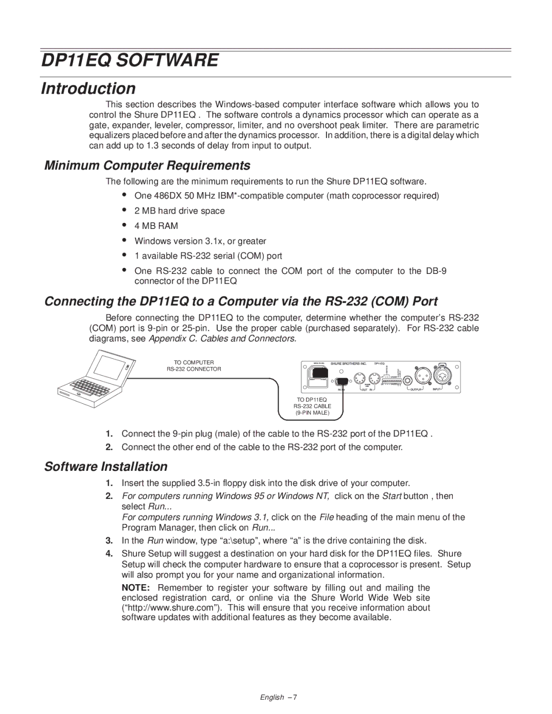 Shure manual DP11EQ Software, Introduction, Minimum Computer Requirements, Software Installation 