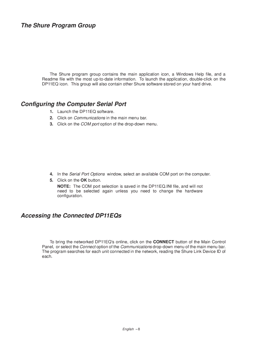 Shure manual Shure Program Group, Configuring the Computer Serial Port, Accessing the Connected DP11EQs 