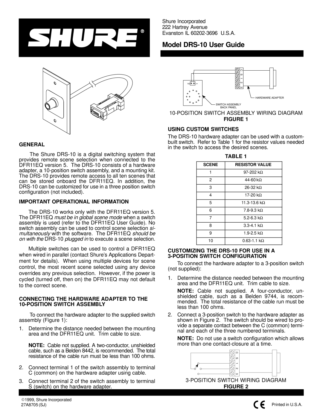 Shure DRS-10 manual General, Important Operational Information, Using Custom Switches 