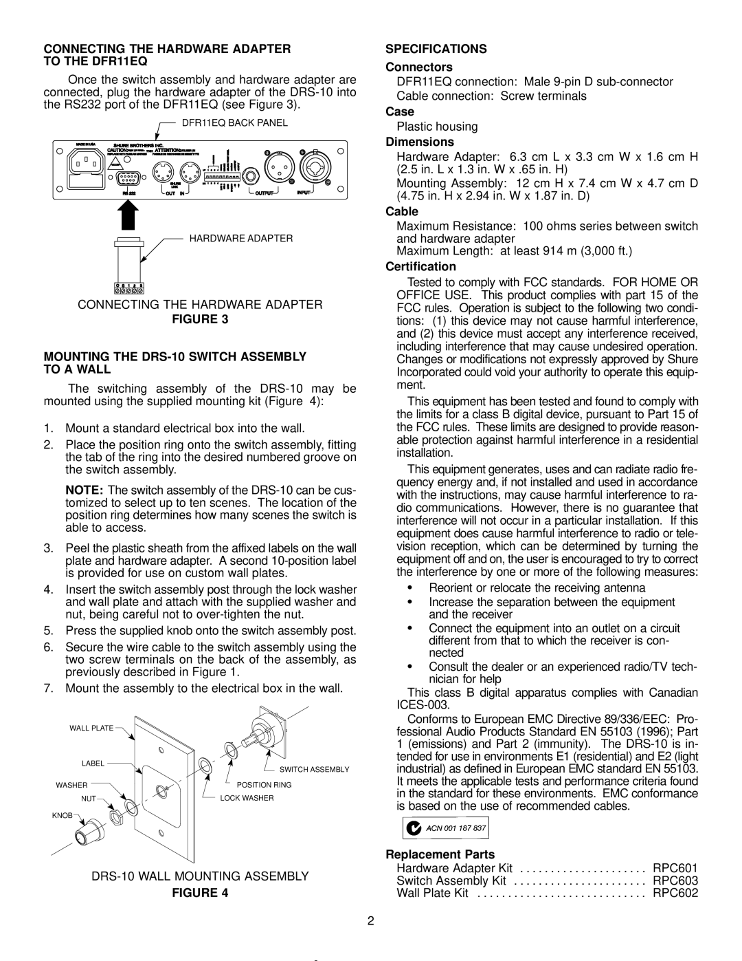 Shure Connecting the Hardware Adapter to the DFR11EQ, Mounting the DRS-10 Switch Assembly to a Wall, Specifications 