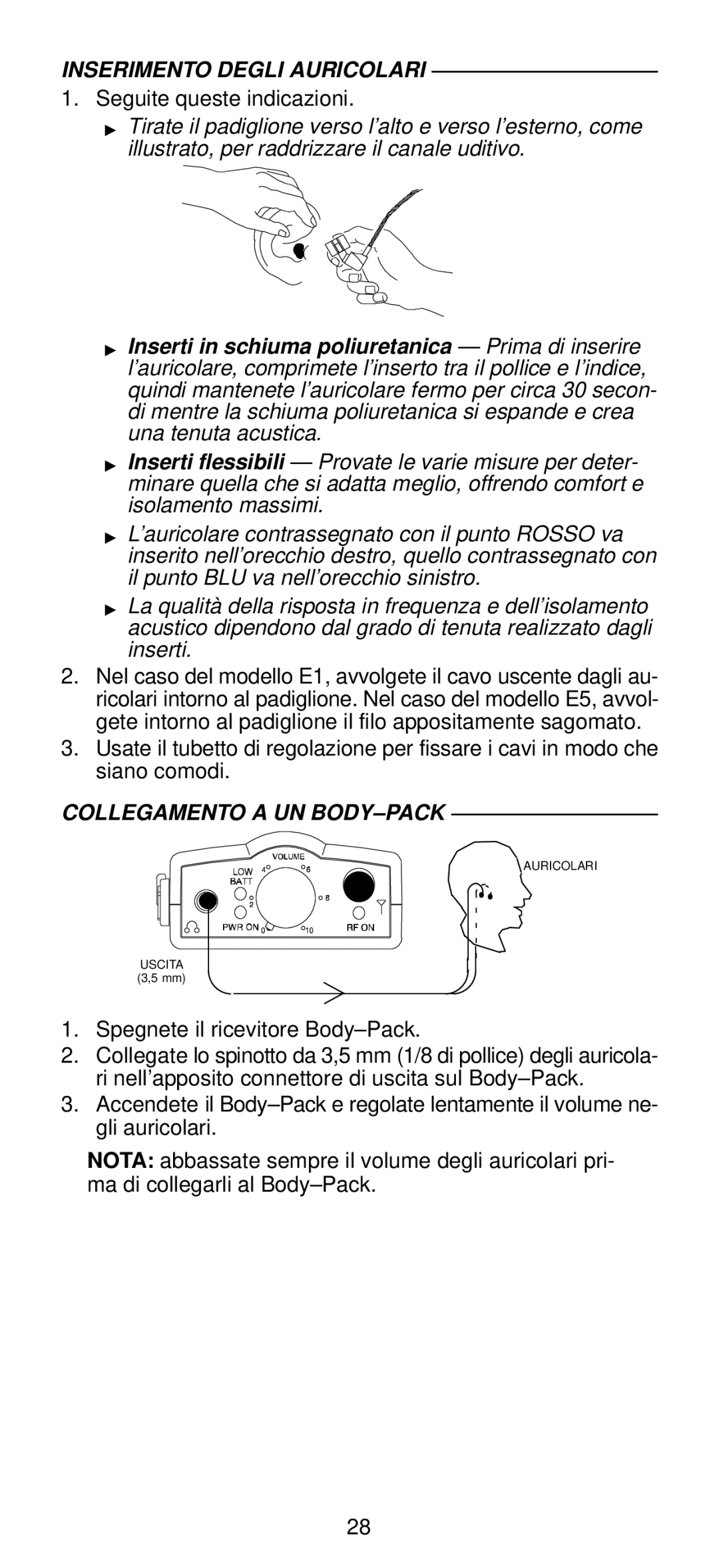 Shure E-Series manual Inserimento Degli Auricolari, Collegamento a UN BODY±PACK 