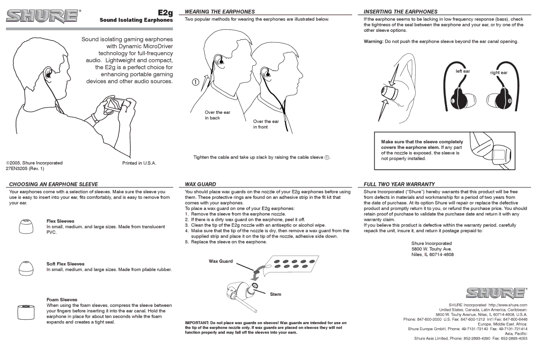 Shure E2g warranty Wearing the Earphones, Inserting the Earphones, Choosing AN Earphone Sleeve, WAX Guard 