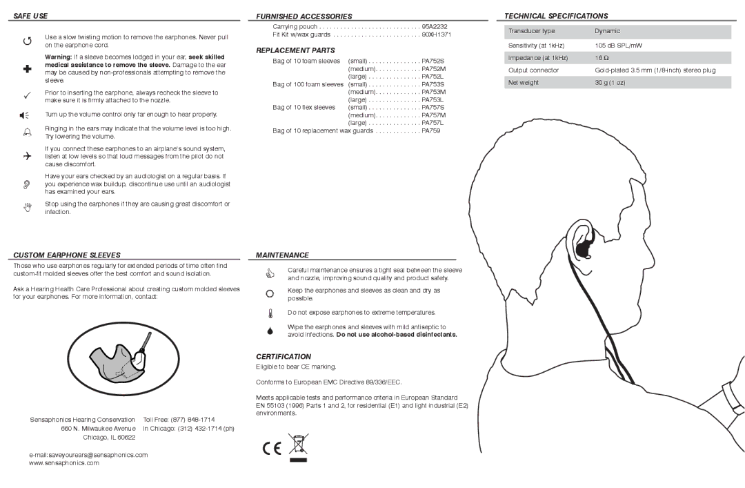 Shure E2g warranty Safe USE, Custom Earphone Sleeves, Furnished Accessories, Replacement Parts, Maintenance, Certification 