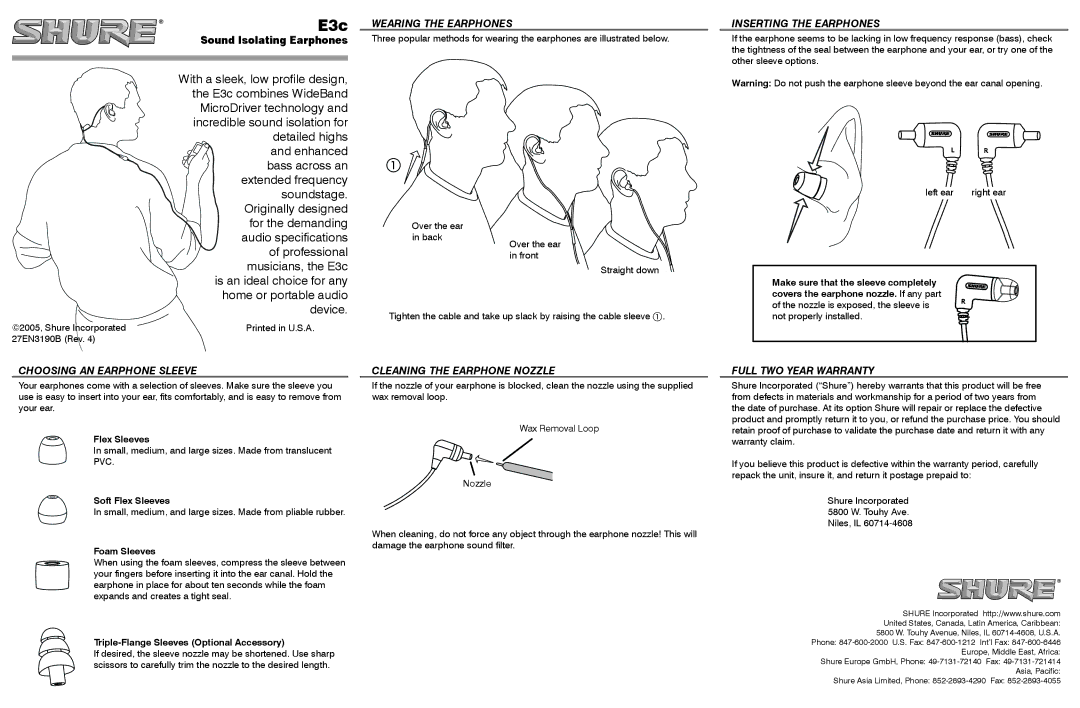 Shure E3c specifications Wearing the Earphones, Inserting the Earphones, Choosing AN Earphone Sleeve 