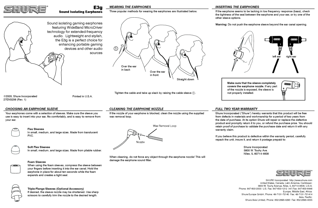 Shure E3g warranty Wearing the Earphones, Inserting the Earphones, Choosing AN Earphone Sleeve, Full TWO Year Warranty 