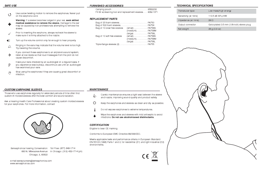 Shure E3g warranty Safe USE, Custom Earphone Sleeves, Furnished Accessories, Replacement Parts, Maintenance, Certification 