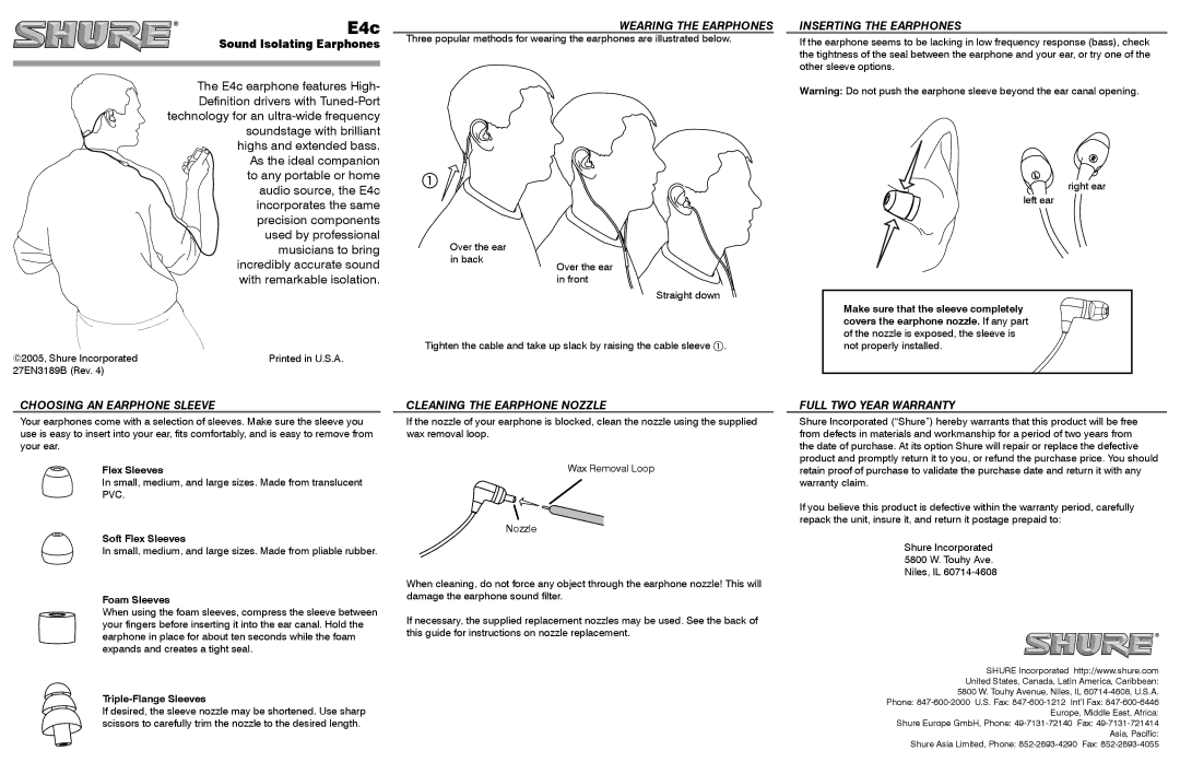 Shure E4c warranty Wearing the Earphones, Inserting the Earphones, Choosing AN Earphone Sleeve, Full TWO Year Warranty 