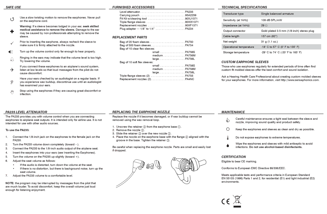 Shure E4c warranty Safe USE, Furnished Accessories, Replacement Parts, Technical Specifications, Custom Earphone Sleeves 