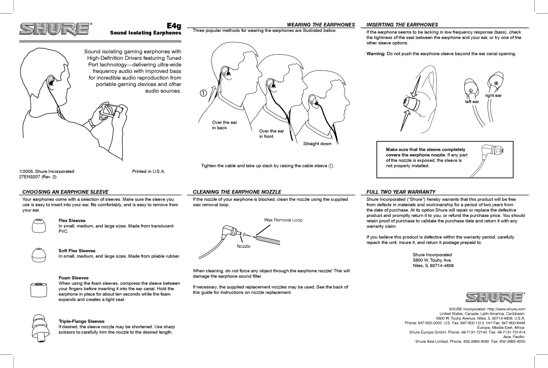 Shure E4G warranty Wearing the Earphones, Inserting the Earphones, Choosing AN Earphone Sleeve, Full TWO Year Warranty 