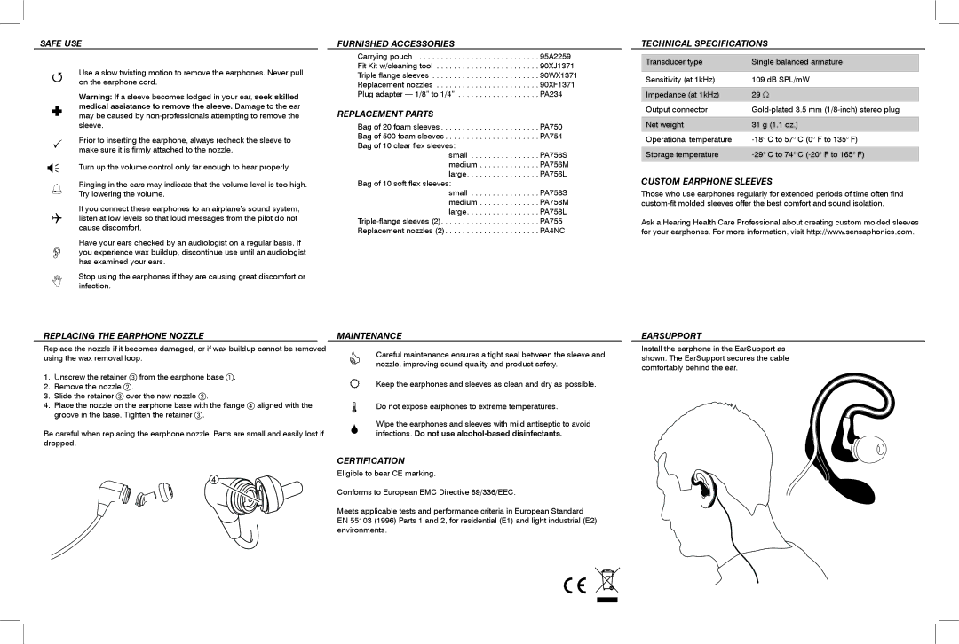 Shure E4G warranty Safe USE, Furnished Accessories, Replacement Parts, Technical Specifications, Custom Earphone Sleeves 