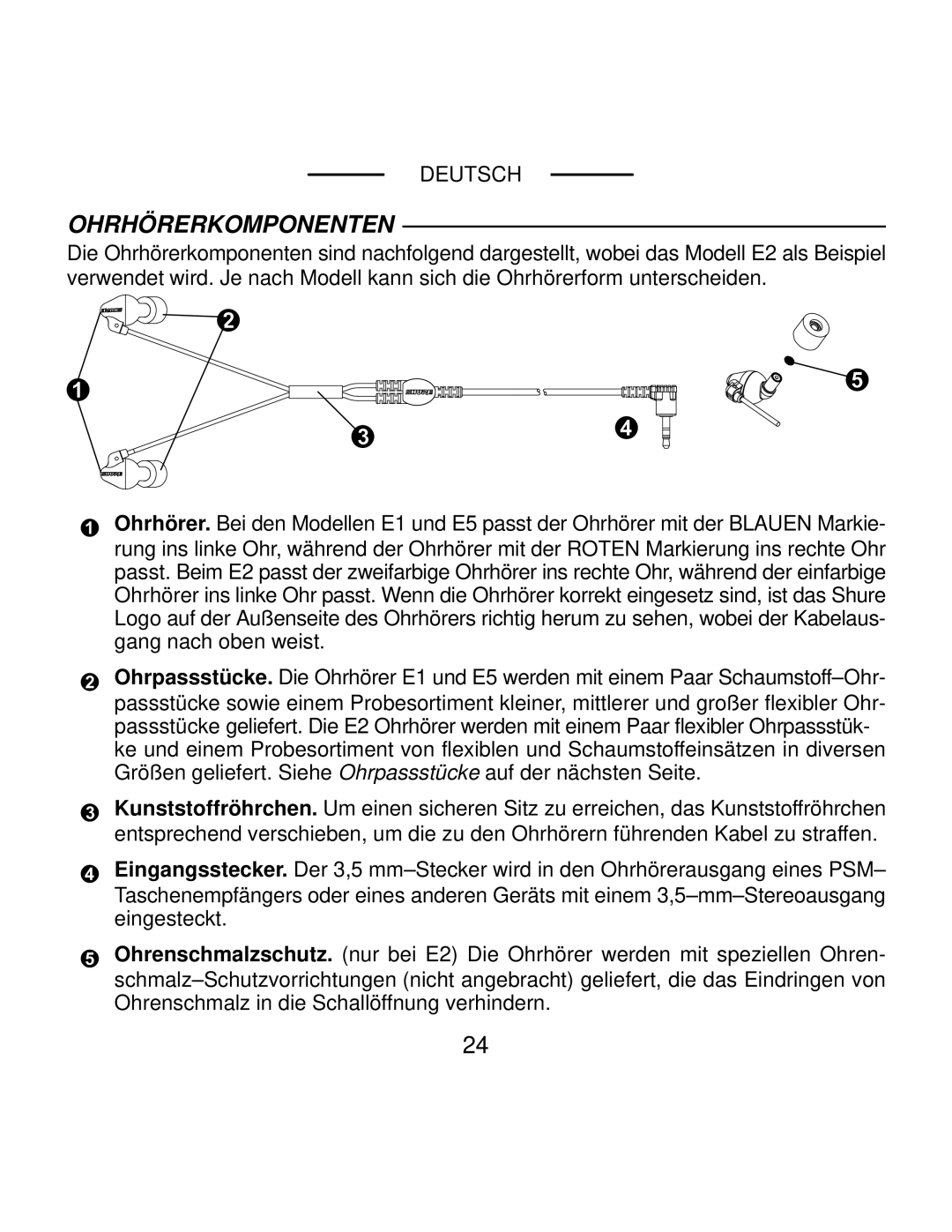 Shure E1, E5, E2 manual Ohrhörerkomponenten 