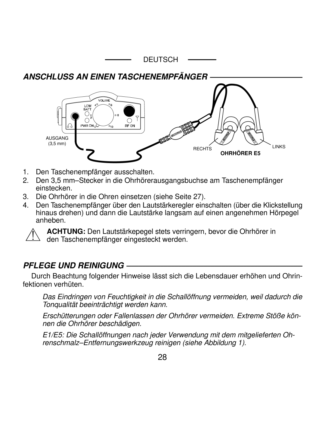 Shure E2, E5, E1 manual Anschluss AN Einen Taschenempfänger, Pflege UND Reinigung 